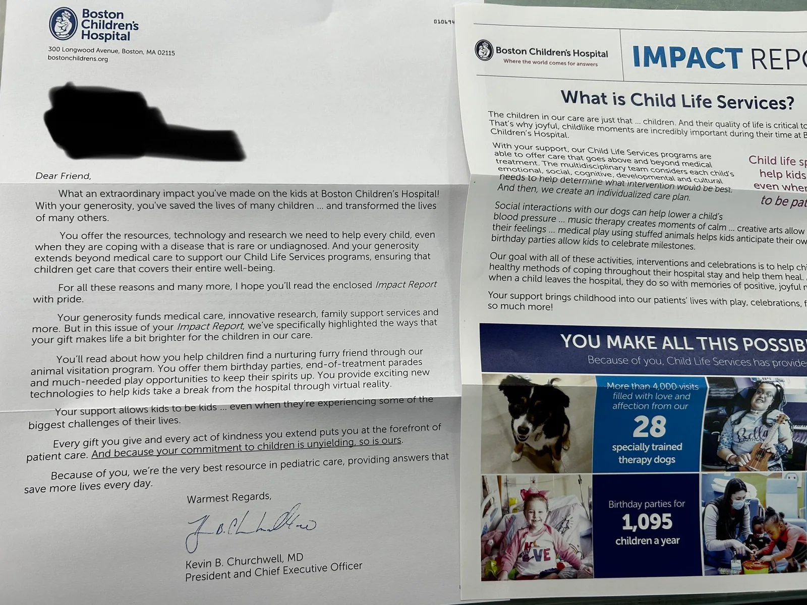 A letter from Boston Children’s Hospital beside its Child Life Services impact report, with the recipient’s details redacted in the original photograph