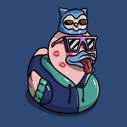 Original pink BYORD wearing glasses and a hoodie, with a bird on its head