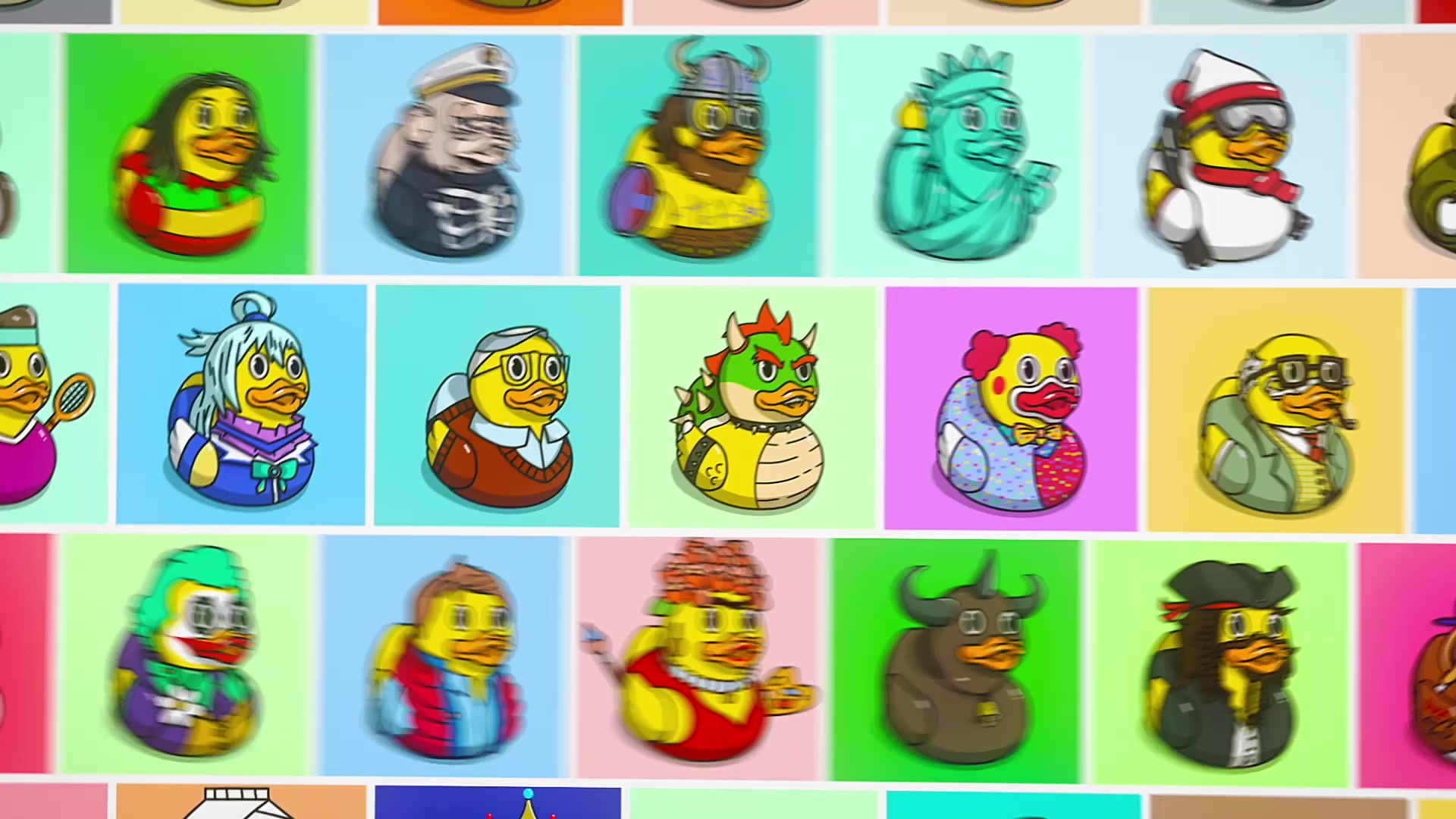 A wall of original Rubber Duckz artworks